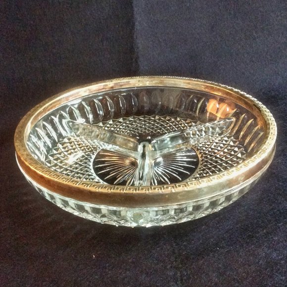 Lead Crystal Divided Plate Dish Metal Rim Serving Tray Classic Dinnerware - Picture 2 of 5